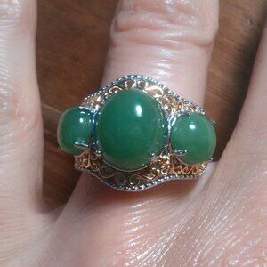 Green Jade 18K Vermeil Yellow Gold and Sterling Silver Ring (Size 7)